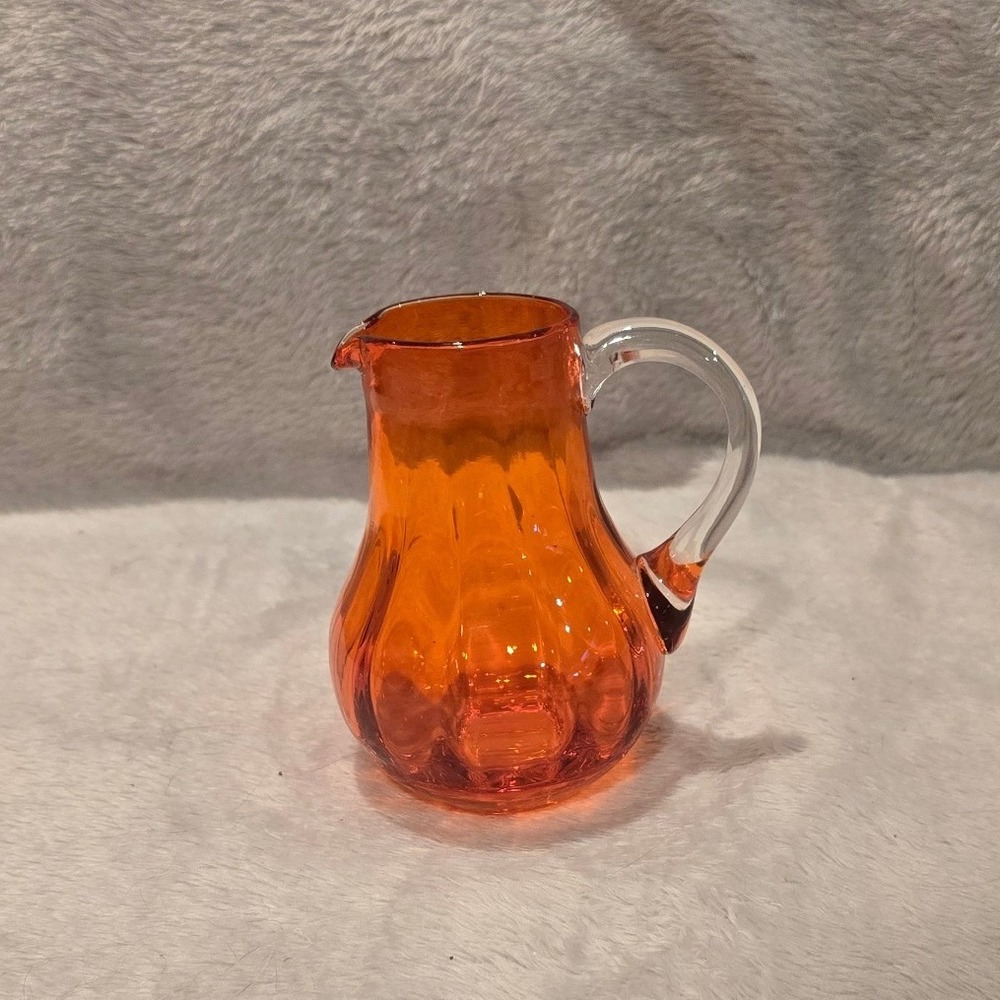 Artisan Signed Orange Handblown Glass Mini Pitcher Clear Applied Handle 3.75"